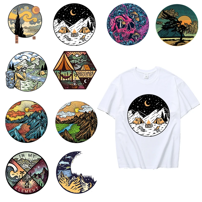 

Trend INS Natural Landscape Heat Transfer Badge Print Striped Iron On Sticker DIY T-Shirt Decoration Climbing Lover Clothing
