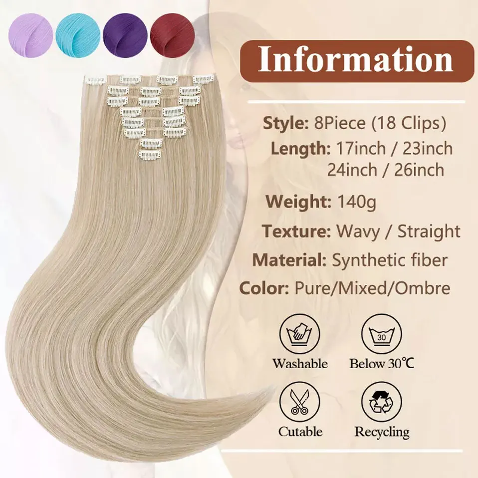 8pcs/set Long Straight 24 Inches Synthetic Hair Full Head Clip in Hair Extensions Clip On Hairpieces For Women Ombre Color