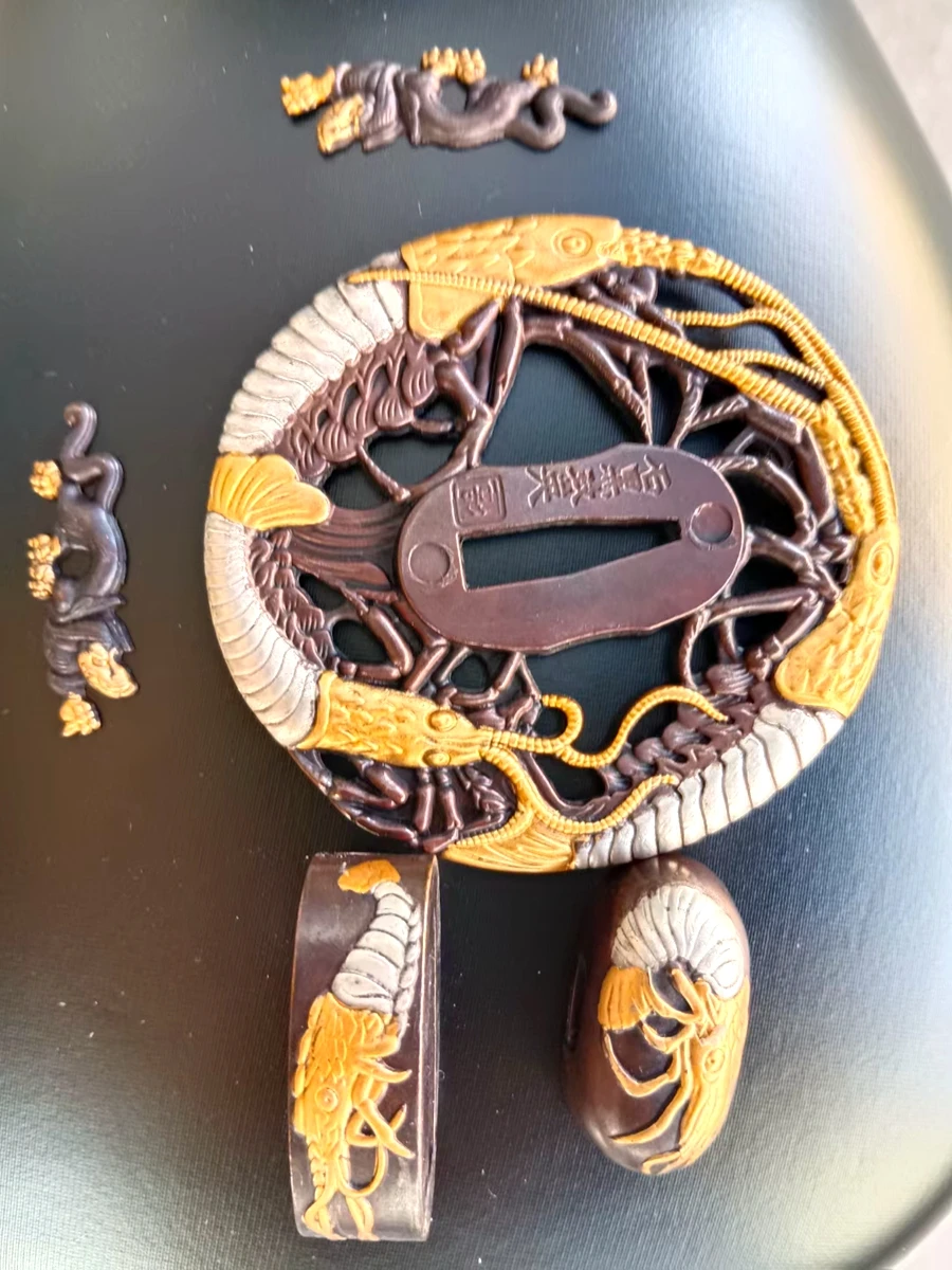 

1 компл., хорошая часть меча, защита лезвия, Tsuba Fuchi Menuki Лобстер для катаны, каймы, вакидзаси, Танто, медное позолота