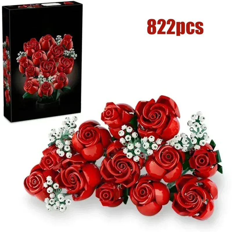 Romantic Rose Flower Bouquet Building Blocks Creative Home Desk Plant Decoration Assemble Bricks Toy For Gifts Girls Lady 822PCS