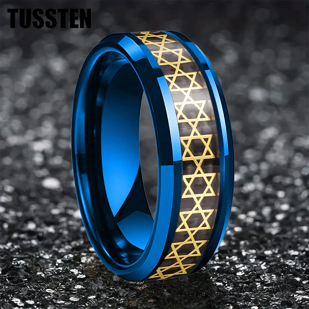 TUSSTEN 8mm Men's Ring Inlaid Golden Hexagram Star Men's Tungsten Ring Comfortable Fit And Free Shipping