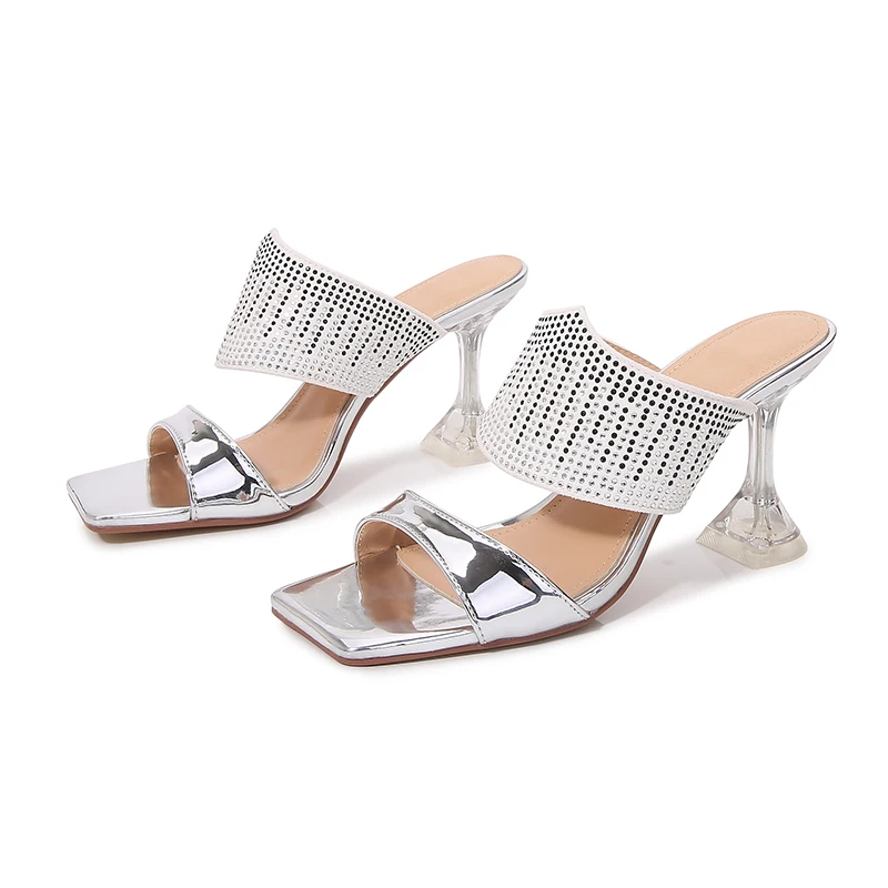 Summer Silver Sequin Rhinestone Women Slippers Sandals Crystal Cup Heel Transparent PVC Slides Shoes Slip On Mules Fashion Bling