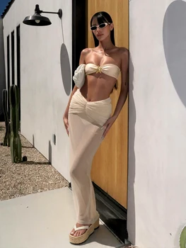 2026 Summer 3 Piece Bikini Sets Strapless Bikini Top With Half Long Skirt Cover ups Beach Wear Female Biquini Bathing Suit K210