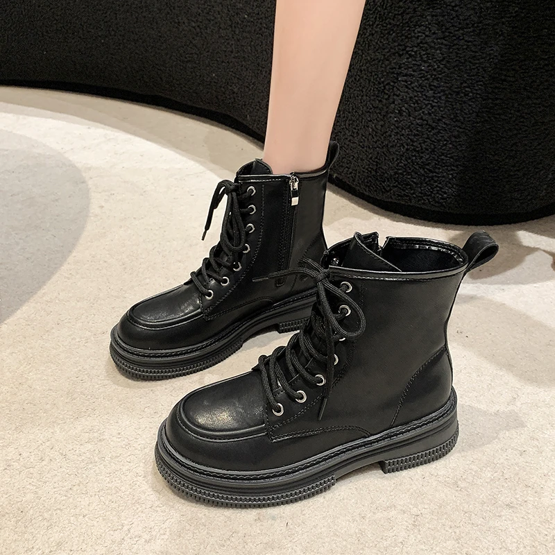 Shoes Female 2023 Non Slip Ankle Women's Boots Platform Modern Boots Women Side Zip Round Toe Lace Up Fretwork Heels Shoes Women