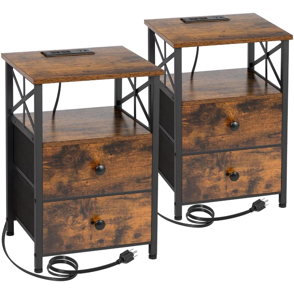 

Night Stand Set 2, Nightstand with Charging Station, End Tables with USB Ports and Outlets, Bedside Tables with Fabric Drawers