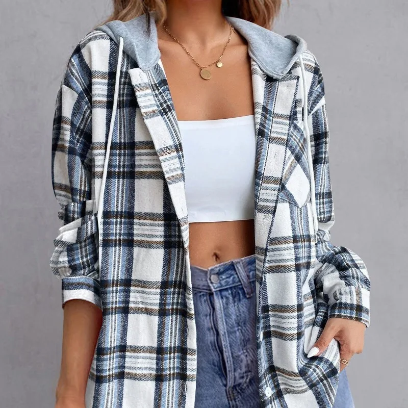 

2024 Spring Autumn New Women's Clothing Hooded Stitching Printed Checks Long Sleeve Top