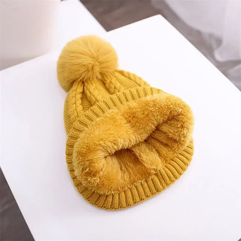 Children's Knitted Pompom Beanies Hat and Scarf Set Kids Hats and Scarfs Glove Solid Suit Warm Cap Boys Girls Winter 1-5T