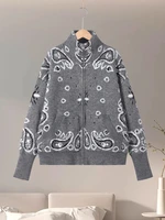 Vintage Knit Jacquard Stand Collar Women Cardigan Zipper Full Sleeve Pockets Loose Sweater New 2026 Spring Lady Soft Knitwear