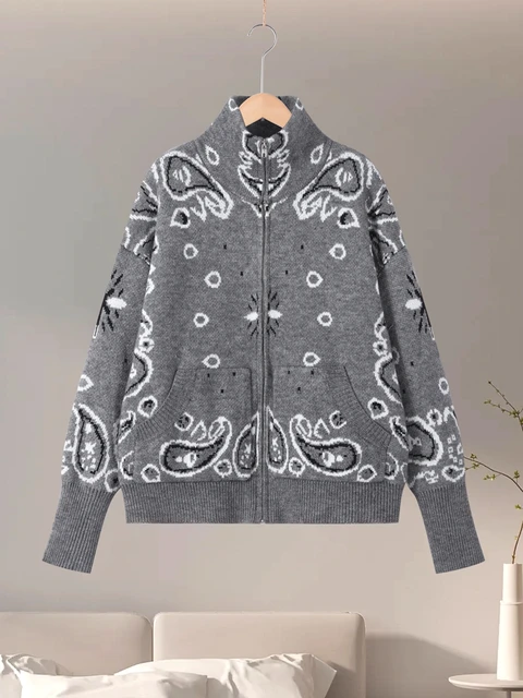 Vintage Knit Jacquard Stand Collar Women Cardigan Zipper Full Sleeve Pockets Loose Sweater New 2026 Spring Lady Soft Knitwear