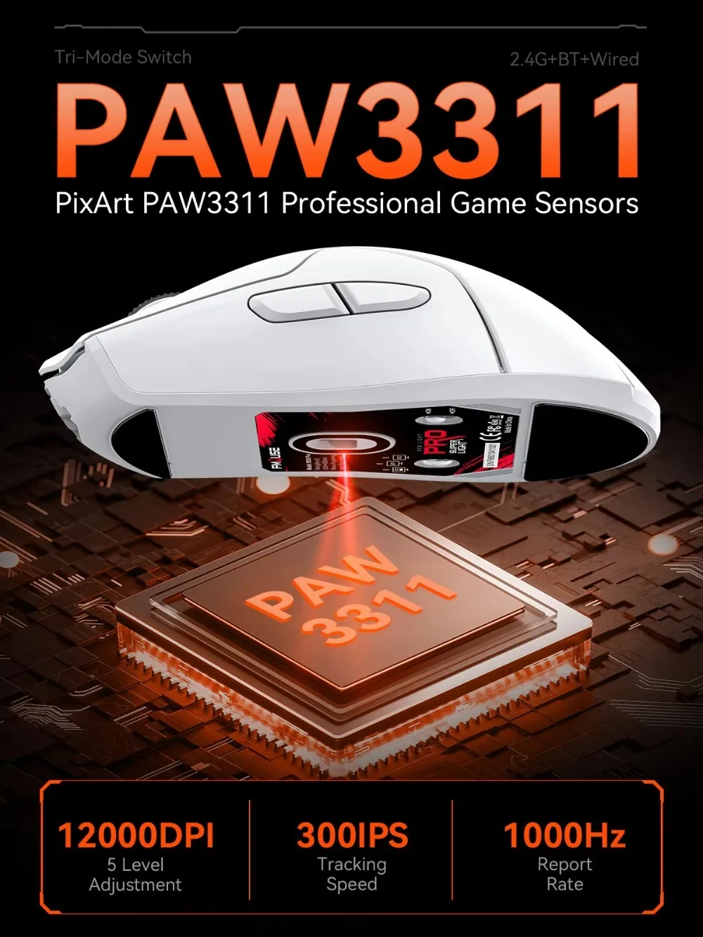 3모드 인체공학적 게이밍 마우스 PAW3311, USB-C 충전, 프로그래밍 가능한 키 6개, PC 노트북 Mac용 12000DPI 조정 가능한 초경량