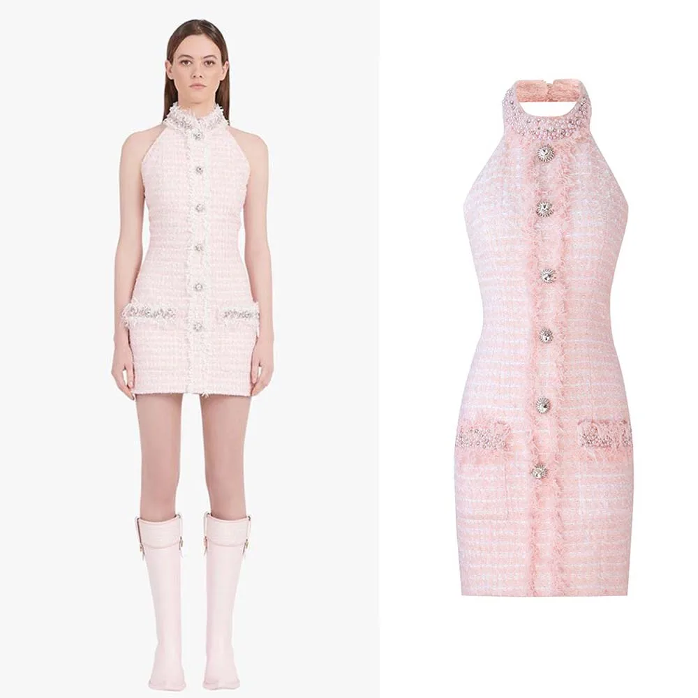 

2022 Summer New Fashion Woolen Sleeveless Halterneck Skirt Open Back Heavy Industry Beaded Diamond Button Women's Dress