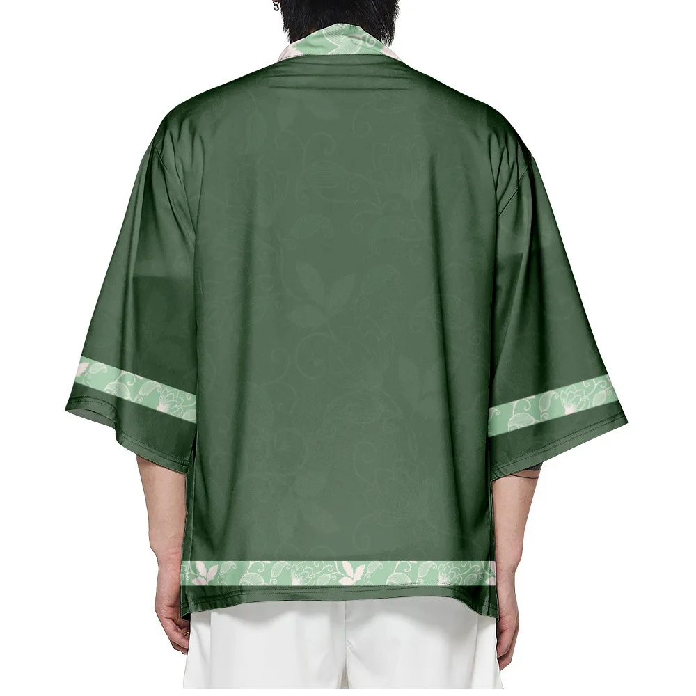 Green Kimono Summer Beach Geometric Print Japanese Samurai Kimono Fashion Men Women Cardigan Haori Obi Oversized Tops japanese kimono,japanese kimono cardigan