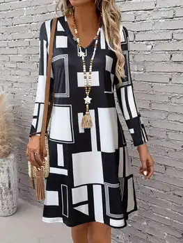 Nuovo abito a maniche lunghe con motivo geometrico per donna, autunno/inverno, abito circolare a maniche lunghe con scollo a V da donna - Abito longuette elegante 1