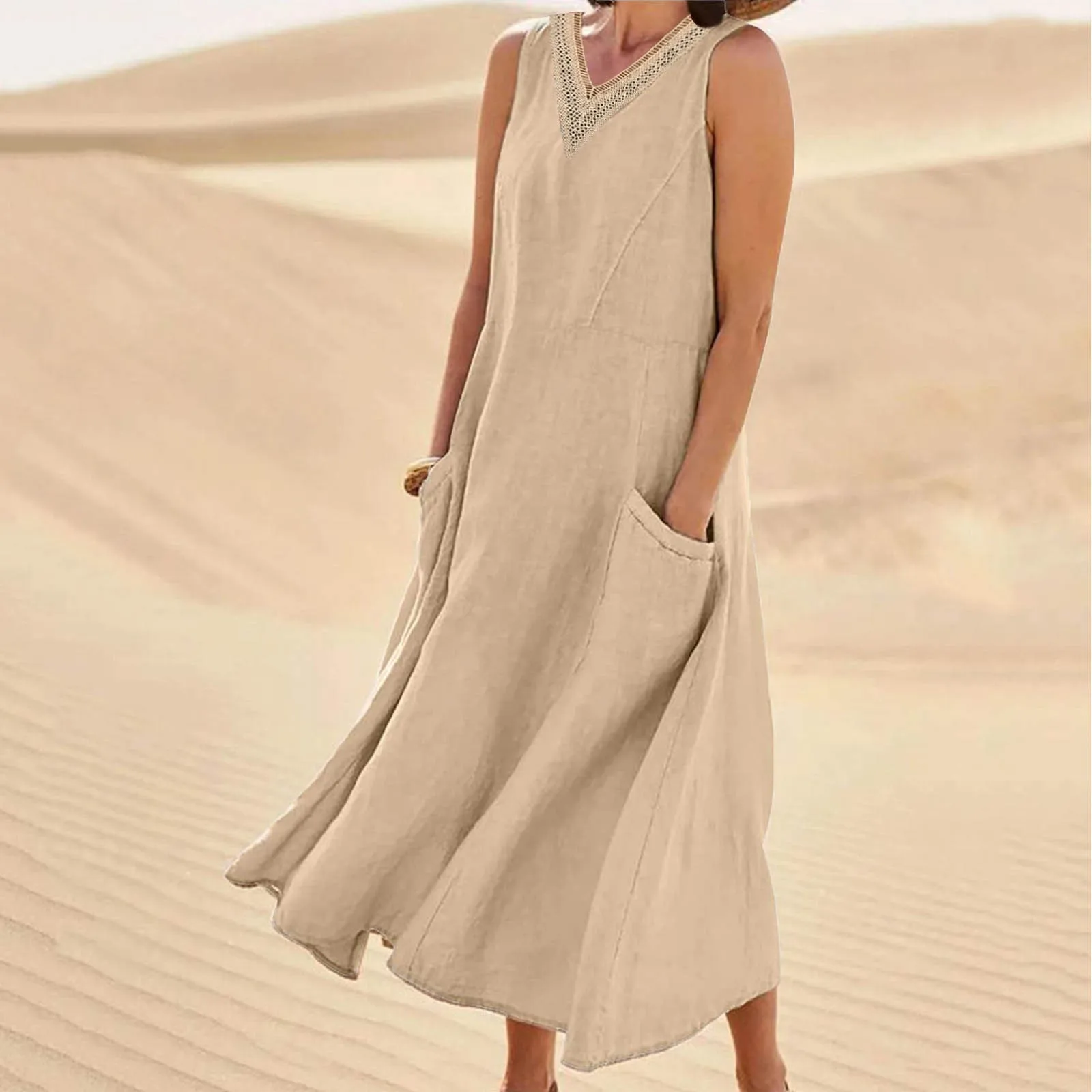 

Lace V-Neck Sleeveless Tank Maxi Dresses Women 2023 Boho Summer Loose Elegant Dress Sexy Outfits Ladies Holiday Sundress