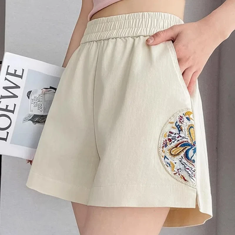 Chinese Style Women's Summer 2024 New Spliced Elasticized High-waisted Embroidery Fashion Loose All-match Casual Sports Shorts