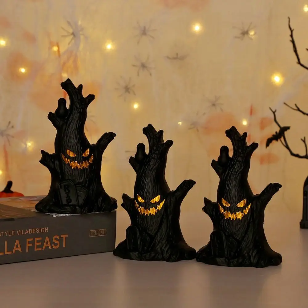 LED Glowing Ghost Face Candle Safety Electronic Ghost Tree Stumps Candle Handmade Halloween Ghost Tree Lantern Holiday Decor