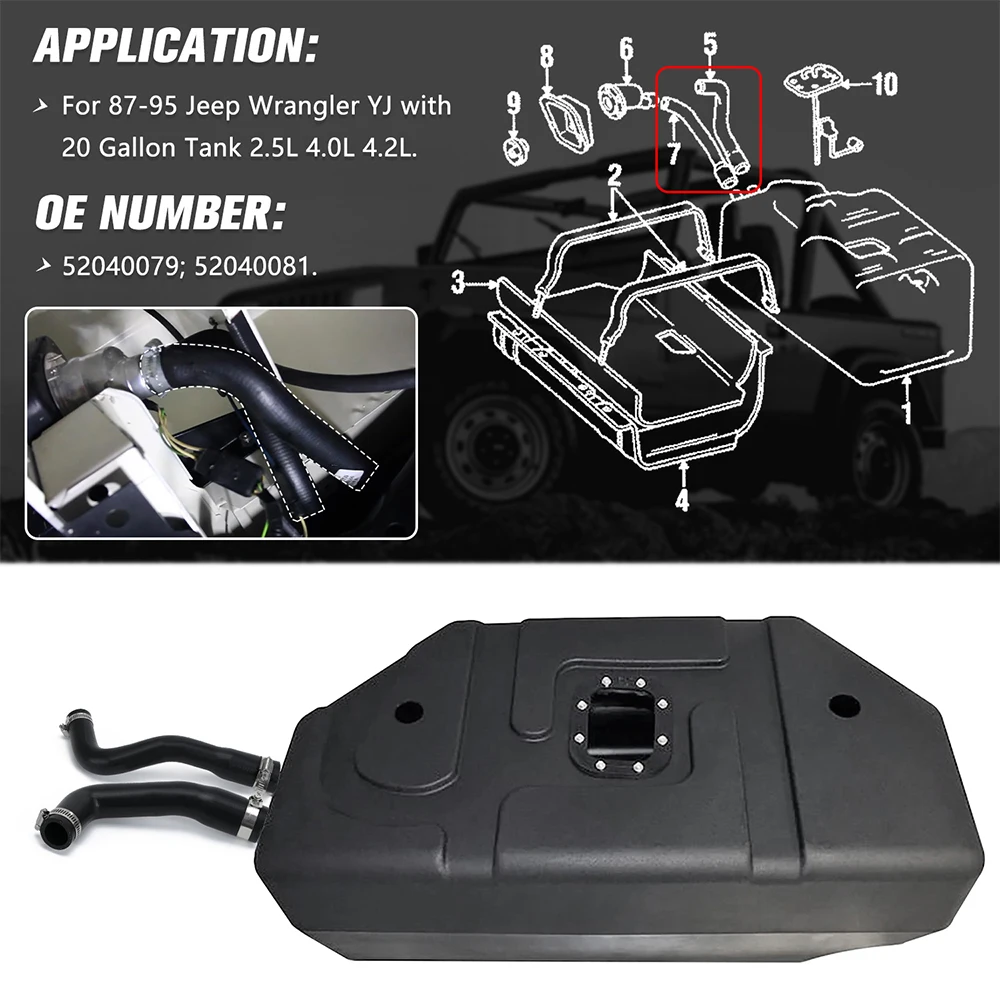Fuel Filler Hose & Fuel Vent Hose Set with 4 Clamps For 87-95 Jeep Wrangler (YJ) 2.5L 4.0L 4.2L 52040079 52040081