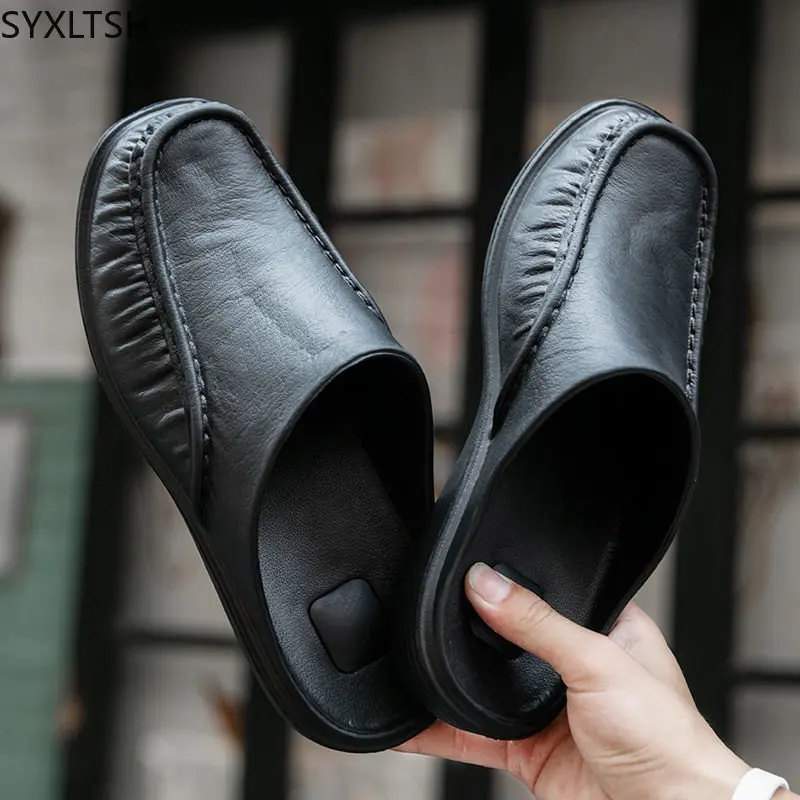

Leather Slippers for Men Summer Slippers Half Shoes for Mens Mules Shoes Luxury Slippers Summer Shoes Men тапочки мужские домние