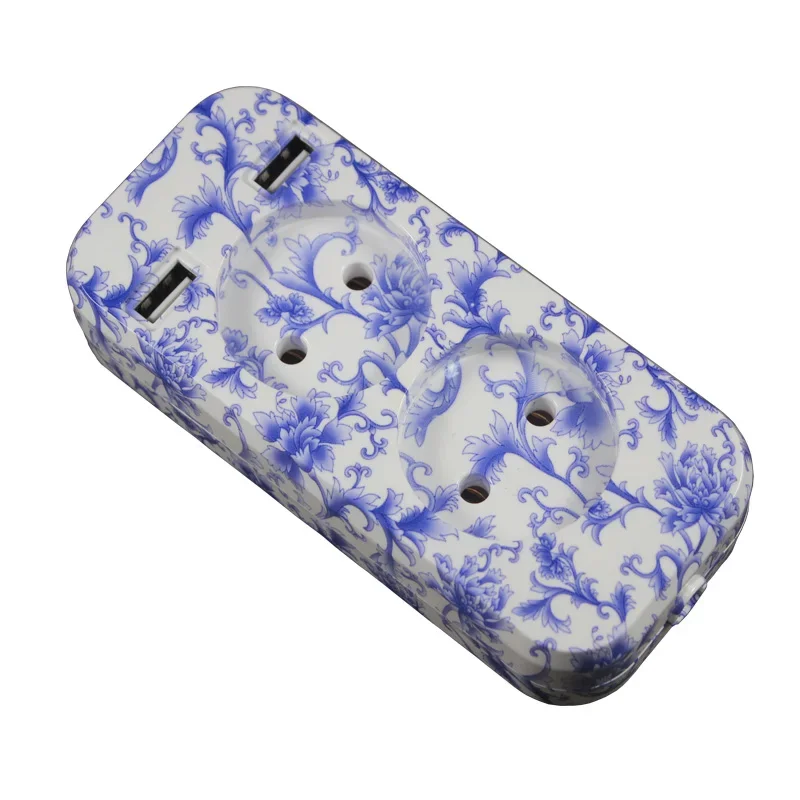 Stylish Blue & White Porcelain EU Plug Power Strip with USB Ports - 1200W