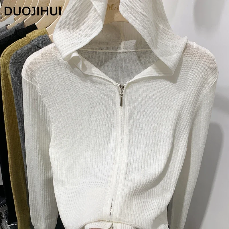 DUOJIHUI 여성용 루즈 슬림 스타일 캐주얼 가디건, 시크한 후드 니트, 심플한 단색 패션 지퍼, 가을 신상