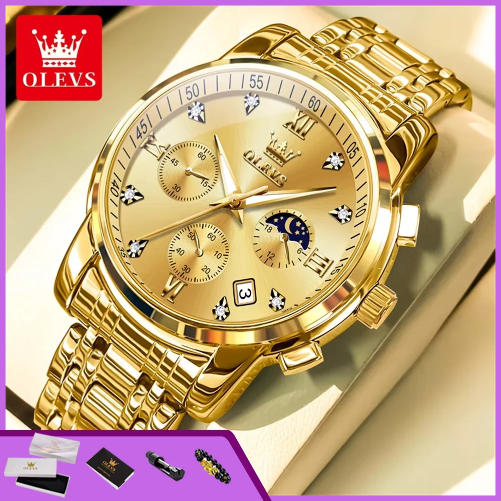 OLEVS Luxury Men's Quartz Chronograph Watch - Stainless Steel, Waterproof, Luminous, with Auto Date & Moon Phase