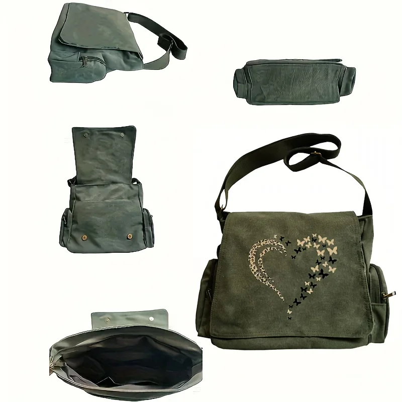 Vintage Heart-shaped Leopard Print Shoulder Bag For Women Multiple Pockets Canvas Crossbody Laptop Bag