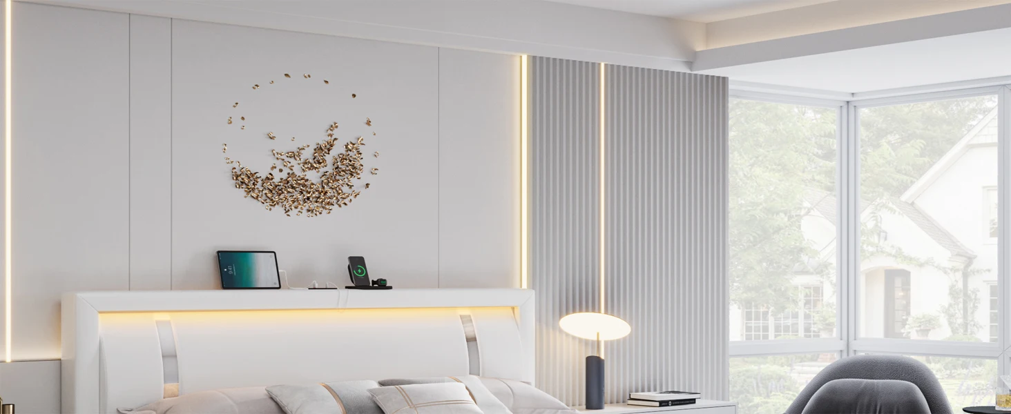 Description Picture 2 of itemFull Size Bed Frame with RGB LED Lights Headboard, 2 Storage Drawers, Upholstered Faux Leather, USB Ports, No Box Spring, White