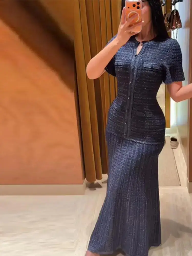 Knitted Slim Maxi Dress Women Short Sleeve Pleated Hem Long Dress Female Pleated Party Vestidos 2026 New Streetwears Chic Dress