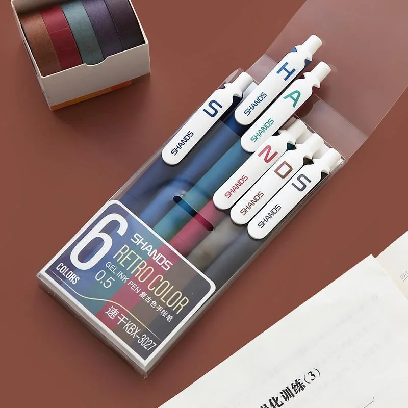 

6pcs Retro Color Marker Pen Ballpoint 0.5mm Black Blue Brown Red Gel Ink Liner Journal Drawing