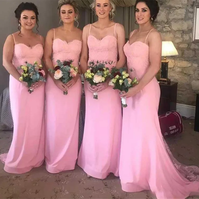 

vestido de fiesta de boda Pink Lace Satin Spaghetti Straps Sexy Mermaid Bridesmaid Dress Long robe demoiselle d honneur femme