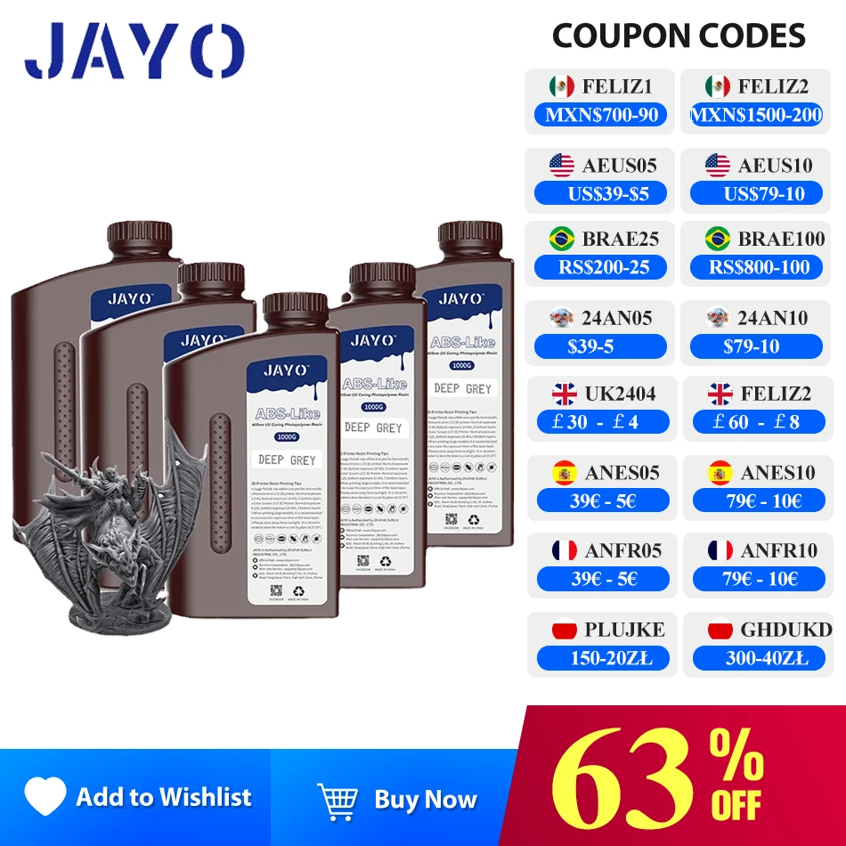 

JAYO Standard/ABS-Like/Toughness/Like PA Resin 5KG 395-405nm UV Curing Photopolymer Rapid Resin for LCD/DLP/SLA 3D Printer