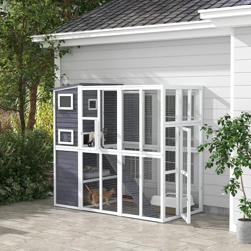 Outdoor Catio Cat House Wooden Feral Cat Shelter Cage with Platforms Waterproof Asphalt Roof Ramps 77" L Light Gray