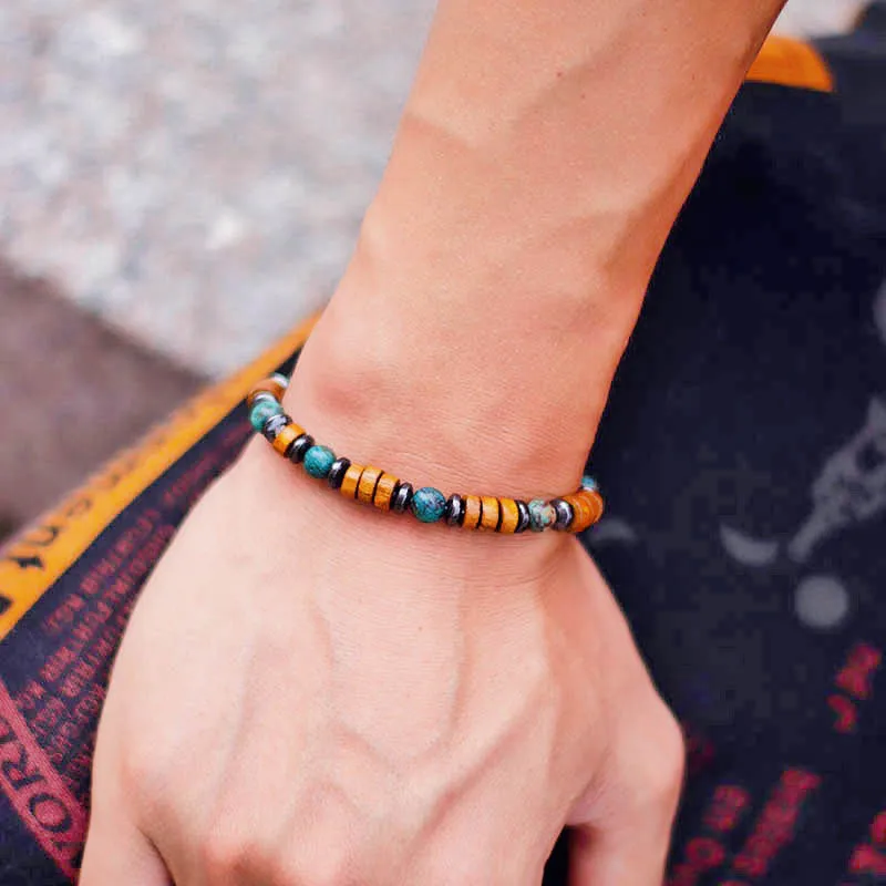 Wenge Wood Hematite Tiger Eye Stone Mens Bracelet