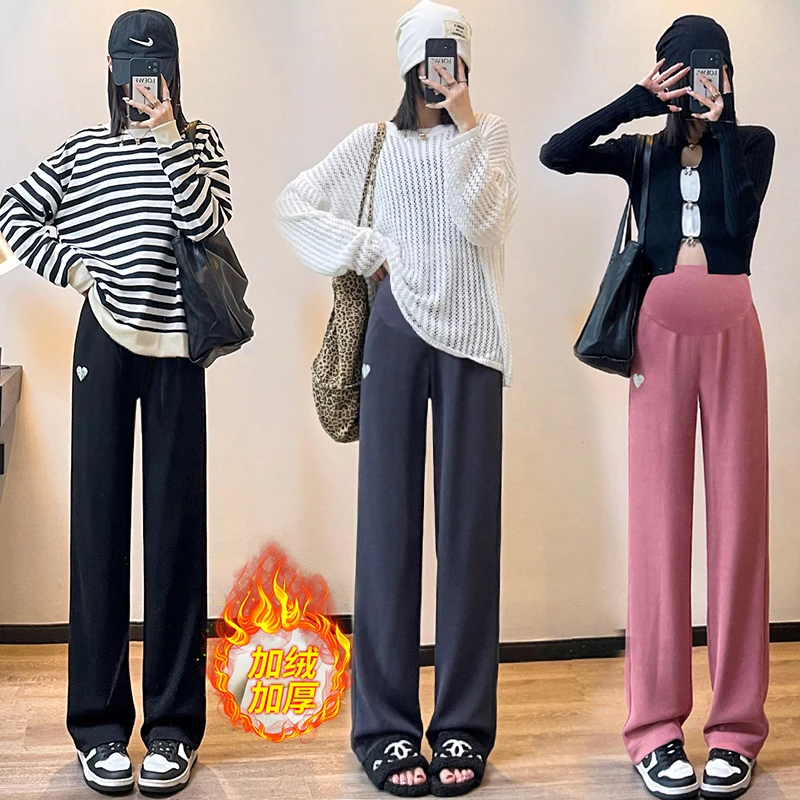 

Winter Pregnant Women's Belly Trousers Full Length High Waist Maternity Fleece Pants Plus Size Thick Warm Pregnancy Empire Pants