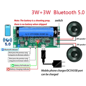 PAM8403 앰프 보드, 2.0 채널 스테레오, 클래스 D 오디오 앰프, 블루투스 5.0 18650, 배터리 홀더 스피커 A153, 2*3W