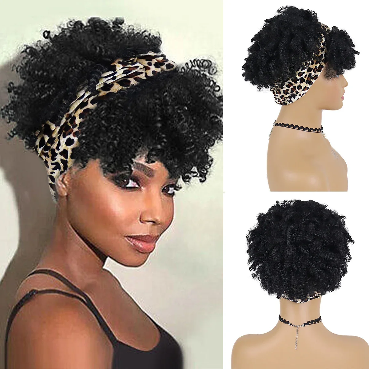 

GNIMEGIL Synthetic Afro Puff Kinky Curly Hair Wig with Bangs Headband Wig Short Wigs for Black Women Turban Wrap Wig Daily Use