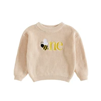 Baby Girl Fall Sweater Letter Bee Embroidery Long Sleeve Crew Neck Chunky Birthday Knitwear