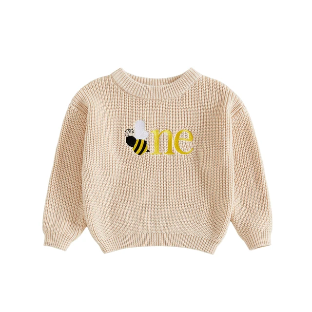 Baby Girl Fall Sweater Letter Bee Embroidery Long Sleeve Crew Neck Chunky Birthday Knitwear
