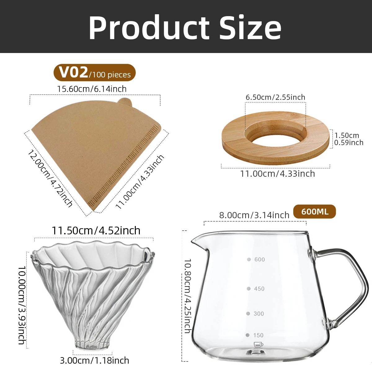 Kaffeefilterbecher mit Holzständer 300ml/600ml Kaffeemaschine Handbrüh-Kaffeekanne Set Kaffeezubehör – Detail 7