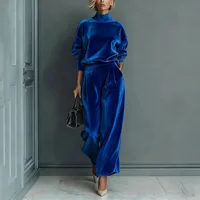 2026 Autumn Winter New Style Women Fashion Casual Warm Sportswear Set Velvet Long-sleeved Solid Color High-neck Wide-leg Pants - Image 6