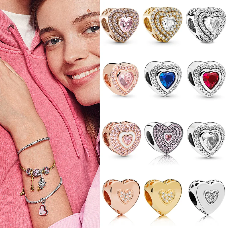 925 Sterling Silver heart-shaped connected beads are suitable for the original   women's bracelet and necklace DIY jewelry