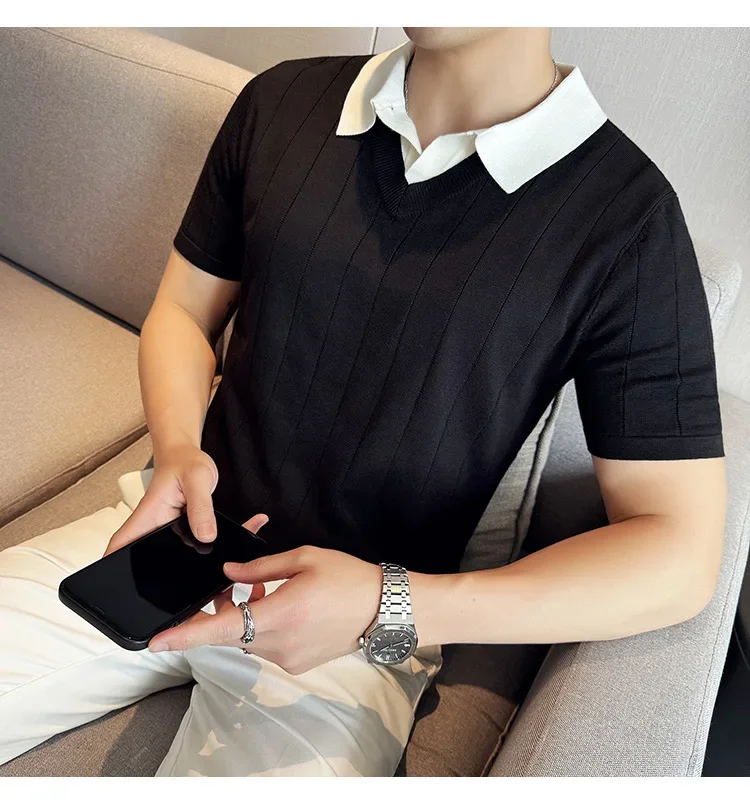 Thin Fashion Striped Lapel Knitted Polo Shirt, Fake Two-Piece Knitted Short-Sleeved T-shirt ~ Yellow Brown T-shirt 45 S6b9b5cdf05aa487fbe9a0e8e9bc09ac89