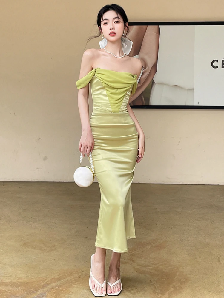 

Fashion Summer Long Evening Dress Women Elegant Satin Sexy Chest Wrapping Slim Midi Party Prom Beach Robe Femme Mujer Vestidos