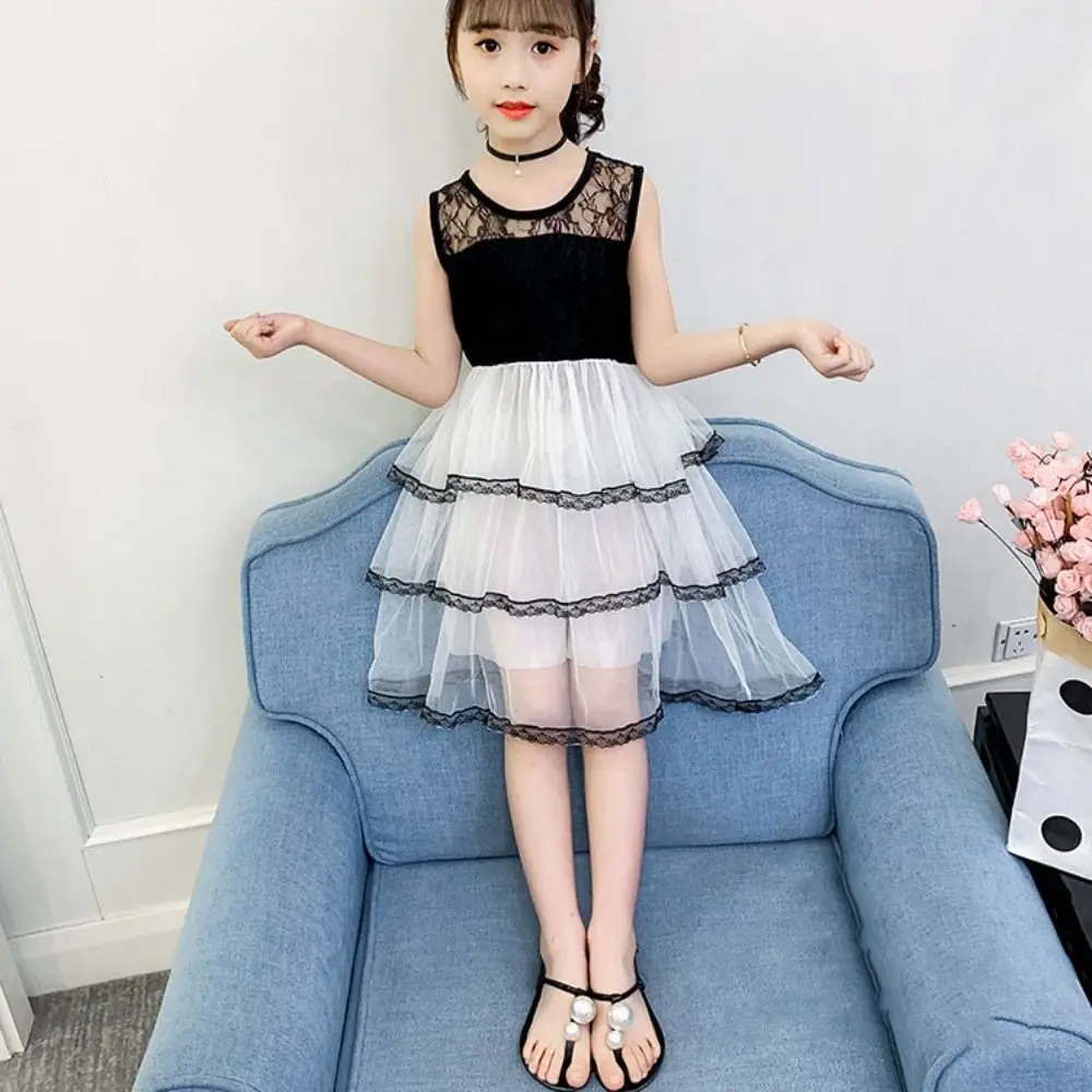 Fashion Sleeveless Girls Princess Dress Loose Teens Summer Lace Dress Party Beach Vacation Children Mesh Dress Holiday