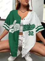 Summer New America Printed Oversize Pink And White Blouse Women Streetwear Baseball Shirt Hip Hop Short Sleeve Button Up Tops - Image 4