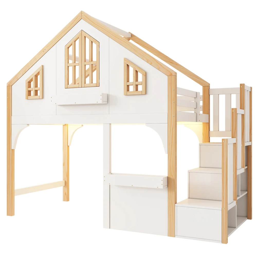 Nordisches 90x200cm Etagenbett in Fensterform mit LED-Beleuchtung & Stauraum-Treppe für Kinder – Fotomöbel – Detail 10