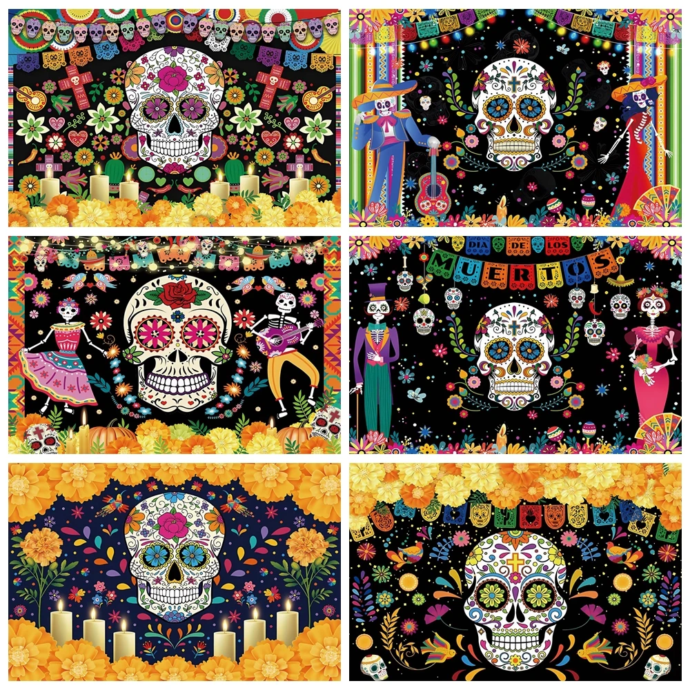 

Mexico Day Of The Dead Backdrop Mexican Fiesta Guitar Flower Skull Candle Dress-up Party Photography Background Photo Studio