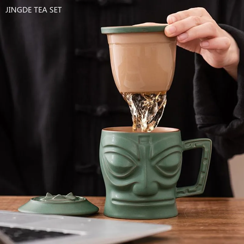 320ml Chinese Ceramic Filter Teacup Creative Bronze Mask Sanxingdui Mug Custom Tea Set Gift Home Office Beauty Tea Infuser