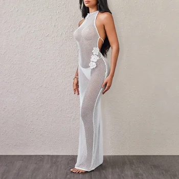 White Swimsuit Cover Ups Long Crochet Beach Dress 2025 Women Swimwear Covers Sexy Split Polka Maxi Beach Dress 1