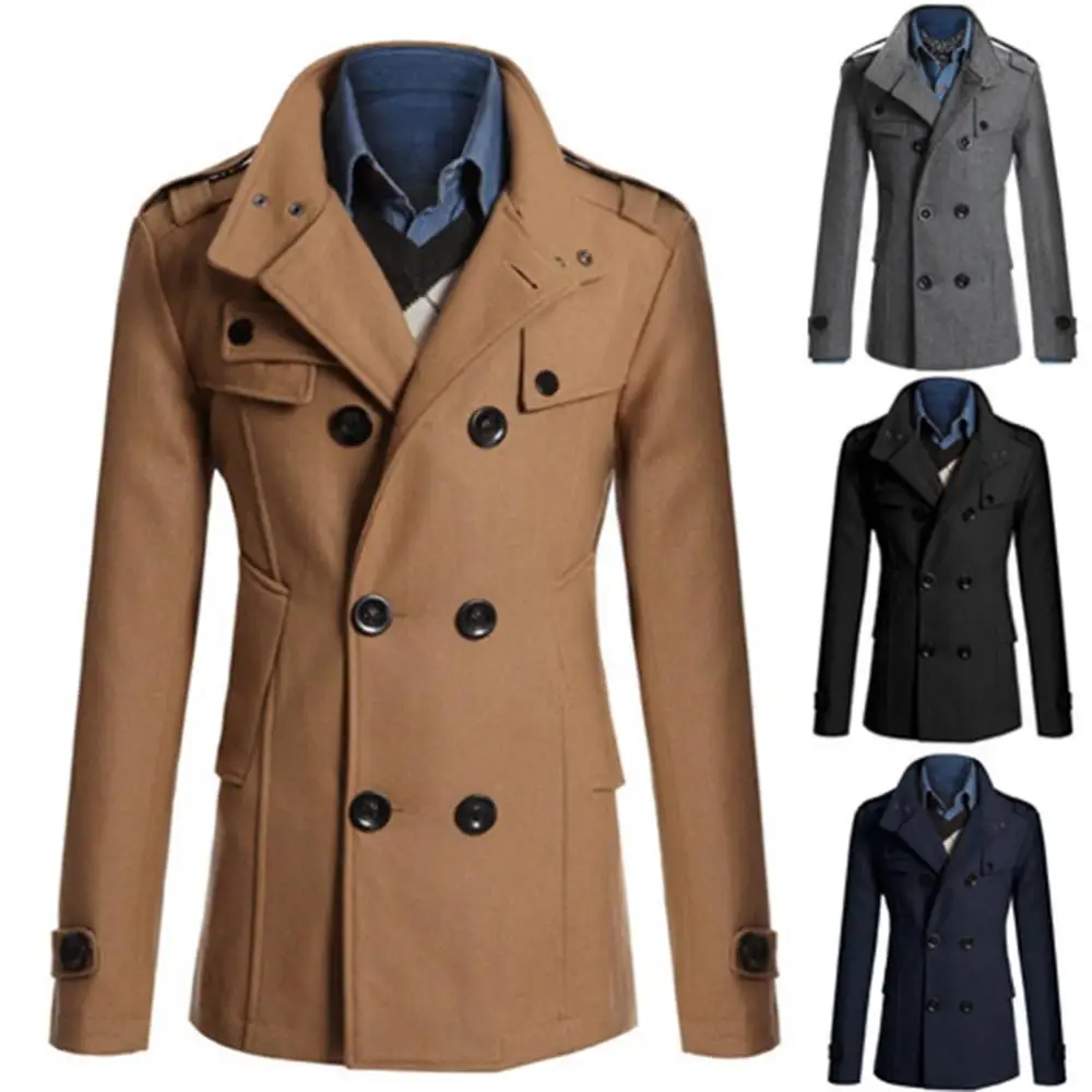Slim Men Double-breasted Pockets Coat Long Sleeve Woolen Autumn Lapel Ele-choices M-3XL Autumn&Winter Collar Trench for Daily Wo